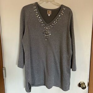 JM Collection 2X silver top with bejeweled neckline